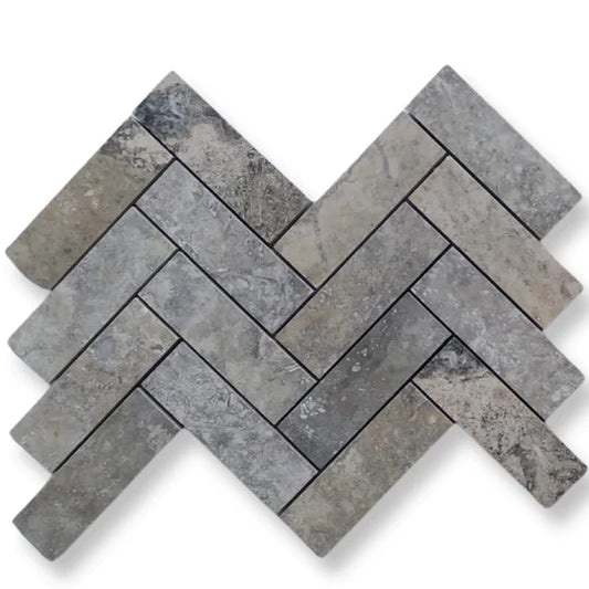 Silver travertine Herringbone Mosaic