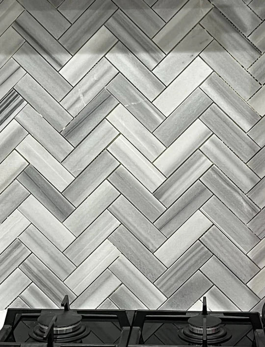 Vista White Marble Herringbone Mosaic