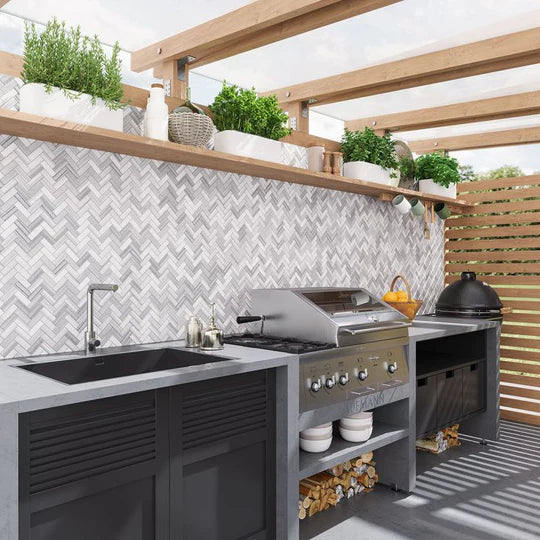 Vista White Marble Herringbone Mosaic